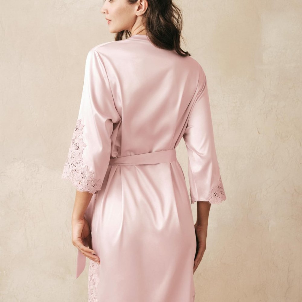 AW BRIDAL Women's Silk Robe Lace Trim Satin Kimono Robe sz L Mauve Mist - Picture 3 of 3